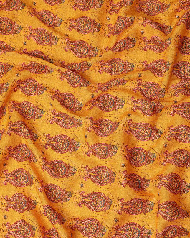 Mustard Yellow Paisley Printed Blended Cotton Linen Fabric Ethnic Traditional Buta Motif Natural Textured Dressmaking Sewing Craft Fabric 110 Cms Width Made In India-D28335