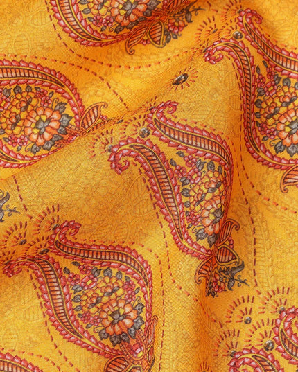Mustard Yellow Paisley Printed Blended Cotton Linen Fabric Ethnic Traditional Buta Motif Natural Textured Dressmaking Sewing Craft Fabric 110 Cms Width Made In India-D28335