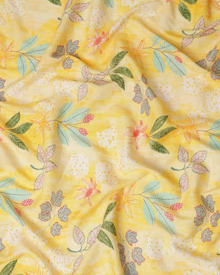 Yellow Floral Botanical Printed Blended Cotton Linen Fabric Tropical Leaf Flower Pattern Natural Textured Dressmaking Sewing Craft Fabric 110 Cms Width Made In India-D28337