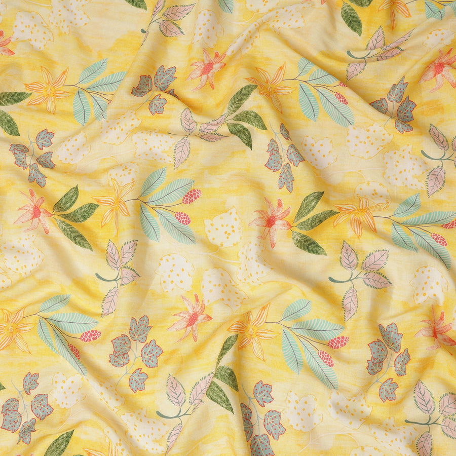 Yellow Floral Botanical Printed Blended Cotton Linen Fabric Tropical Leaf Flower Pattern Natural Textured Dressmaking Sewing Craft Fabric 110 Cms Width Made In India-D28337