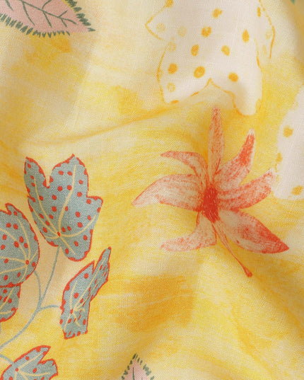 Yellow Floral Botanical Printed Blended Cotton Linen Fabric Tropical Leaf Flower Pattern Natural Textured Dressmaking Sewing Craft Fabric 110 Cms Width Made In India-D28337