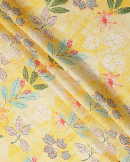Yellow Floral Botanical Printed Blended Cotton Linen Fabric Tropical Leaf Flower Pattern Natural Textured Dressmaking Sewing Craft Fabric 110 Cms Width Made In India-D28337