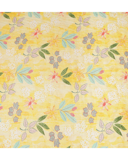 Yellow Floral Botanical Printed Blended Cotton Linen Fabric Tropical Leaf Flower Pattern Natural Textured Dressmaking Sewing Craft Fabric 110 Cms Width Made In India-D28337