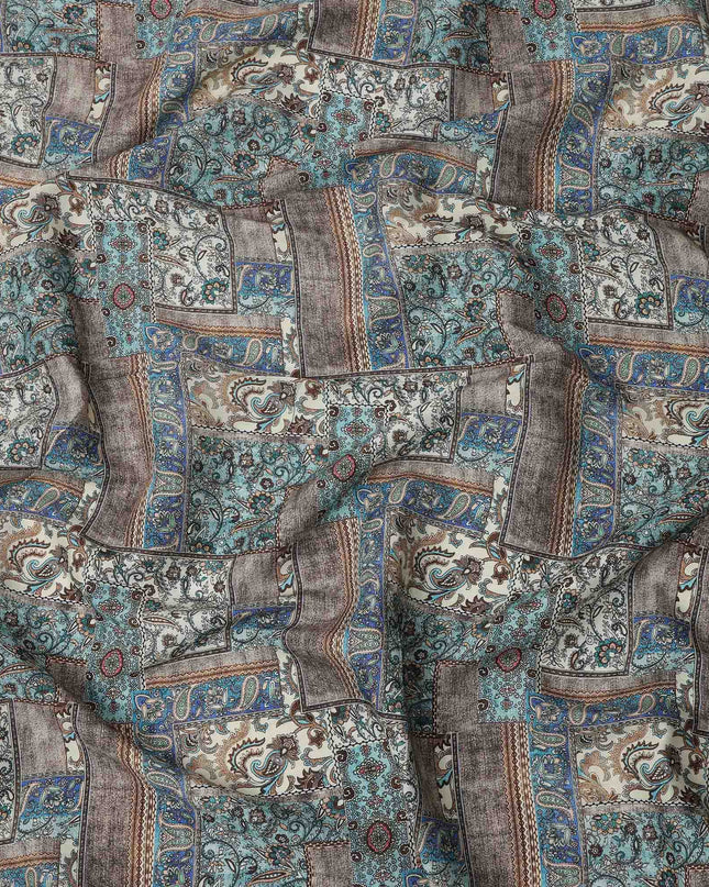 Blue Viscose Linen Blended Fabric with Paisley and Ornate Patchwork Printed Design, 110 cms Width, Made in India-D25099