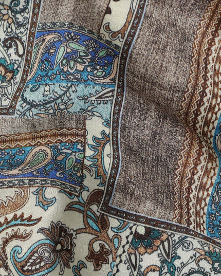 قماش كتان فيسكوز أزرق ممزوج بنقوش بيزلي وتصاميم مرقعة مزخرفة، عرض 110 سم، صنع في الهند - D25099