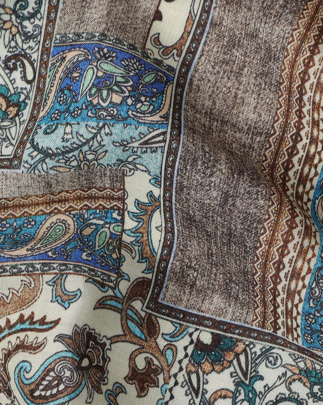 Blue Viscose Linen Blended Fabric with Paisley and Ornate Patchwork Printed Design, 110 cms Width, Made in India-D25099