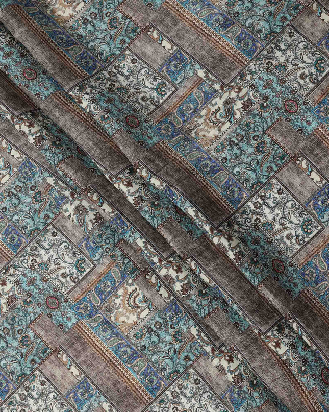 Blue Viscose Linen Blended Fabric with Paisley and Ornate Patchwork Printed Design, 110 cms Width, Made in India-D25099