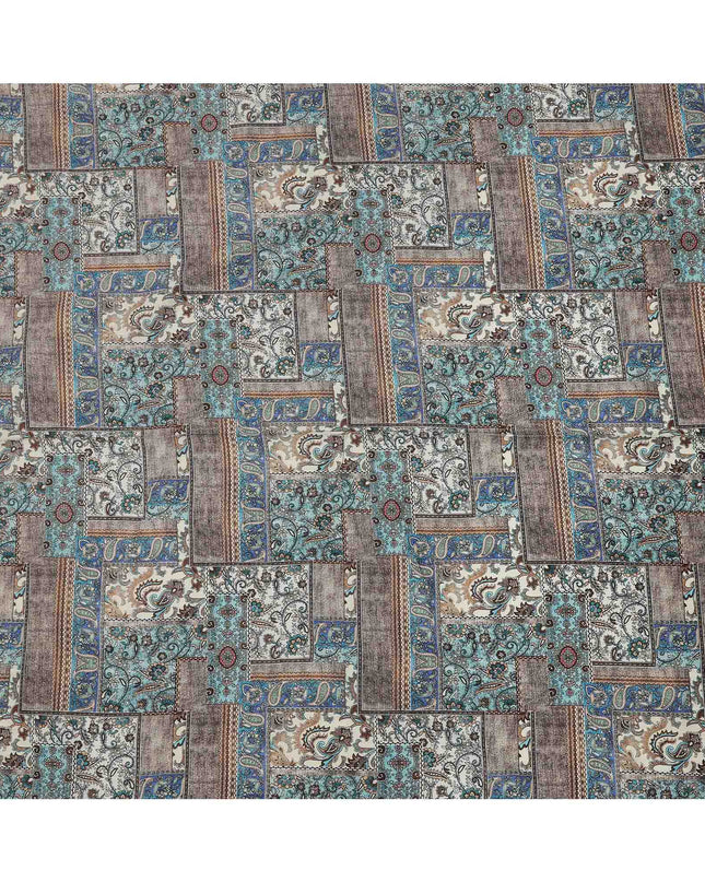 Blue Viscose Linen Blended Fabric with Paisley and Ornate Patchwork Printed Design, 110 cms Width, Made in India-D25099