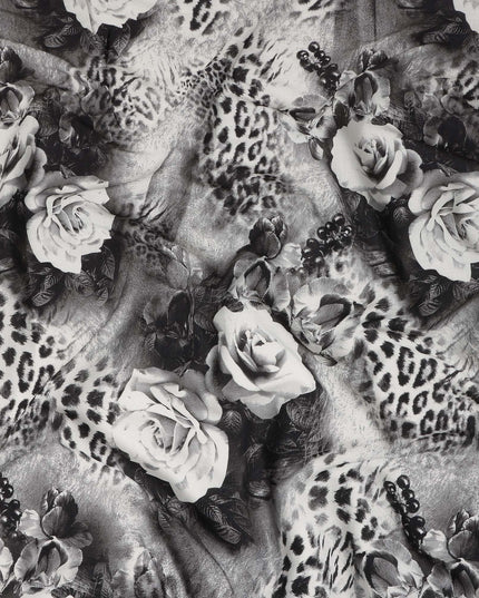 Black Grey Leopard Floral Printed Blended Cotton Linen Fabric Soft Breathable Animal Print Rose Pattern Natural Texture Dressmaking Sewing Craft Fabric 110 Cms Width Made In India-D28334