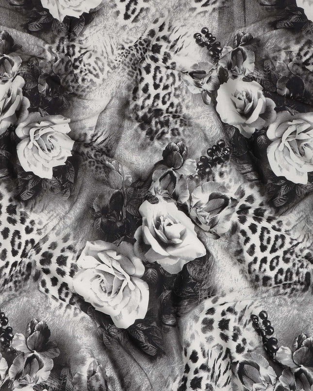 Black Grey Leopard Floral Printed Blended Cotton Linen Fabric Soft Breathable Animal Print Rose Pattern Natural Texture Dressmaking Sewing Craft Fabric 110 Cms Width Made In India-D28334