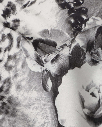 Black Grey Leopard Floral Printed Blended Cotton Linen Fabric Soft Breathable Animal Print Rose Pattern Natural Texture Dressmaking Sewing Craft Fabric 110 Cms Width Made In India-D28334