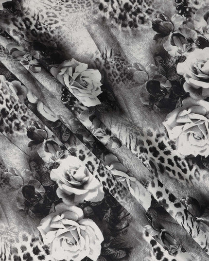 Black Grey Leopard Floral Printed Blended Cotton Linen Fabric Soft Breathable Animal Print Rose Pattern Natural Texture Dressmaking Sewing Craft Fabric 110 Cms Width Made In India-D28334