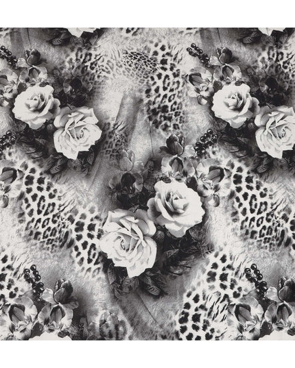 Black Grey Leopard Floral Printed Blended Cotton Linen Fabric Soft Breathable Animal Print Rose Pattern Natural Texture Dressmaking Sewing Craft Fabric 110 Cms Width Made In India-D28334