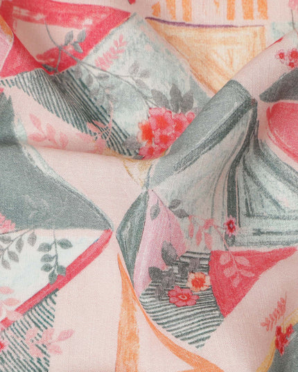 Peach Multicolor Geometric Abstract Printed Blended Cotton Linen Fabric Modern Triangle Pattern Natural Textured Dressmaking Sewing Craft Fabric 110 Cms Width Made In India-D28336