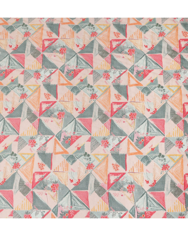 Peach Multicolor Geometric Abstract Printed Blended Cotton Linen Fabric Modern Triangle Pattern Natural Textured Dressmaking Sewing Craft Fabric 110 Cms Width Made In India-D28336