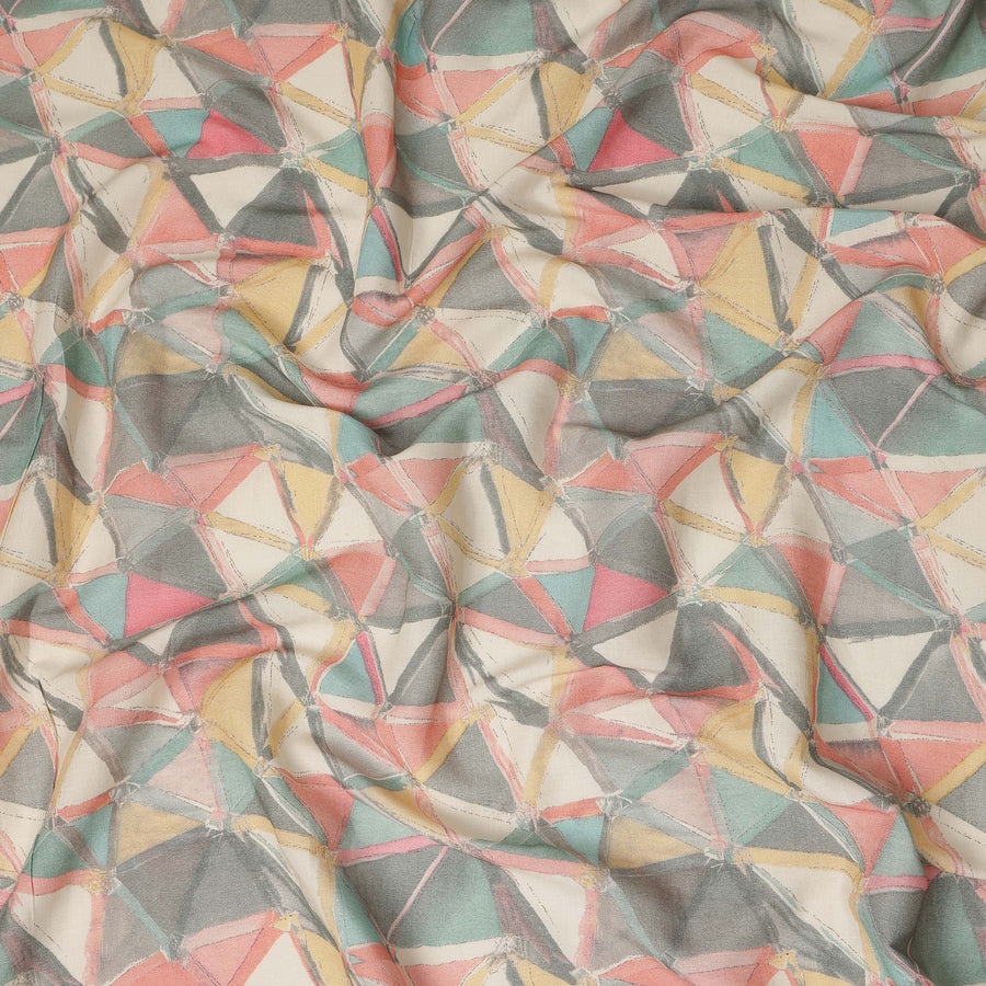 Beige Multicolor Geometric Abstract Printed Blended Cotton Linen Fabric Modern Triangle Pattern Artistic Textured Dressmaking Sewing Craft Fabric 110 Cms Width Made In India-D28341