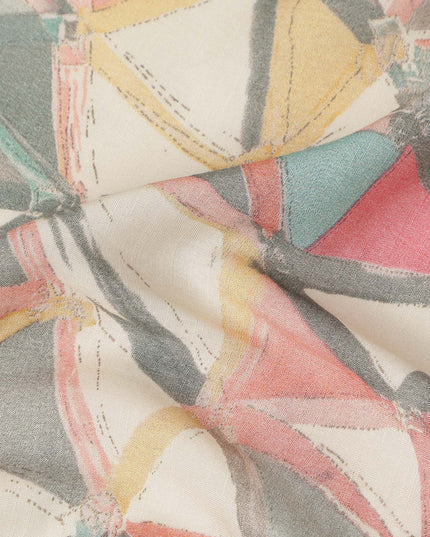 Beige Multicolor Geometric Abstract Printed Blended Cotton Linen Fabric Modern Triangle Pattern Artistic Textured Dressmaking Sewing Craft Fabric 110 Cms Width Made In India-D28341