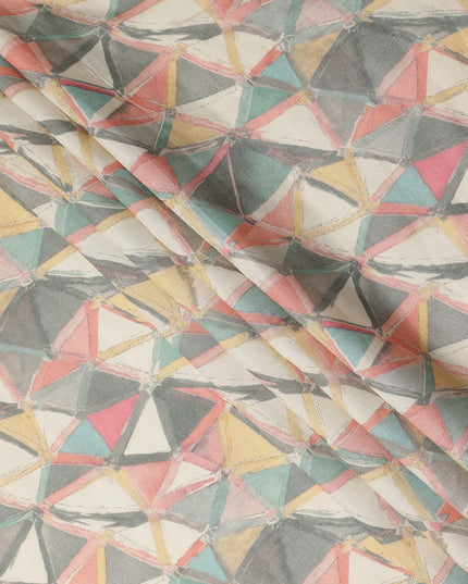 Beige Multicolor Geometric Abstract Printed Blended Cotton Linen Fabric Modern Triangle Pattern Artistic Textured Dressmaking Sewing Craft Fabric 110 Cms Width Made In India-D28341