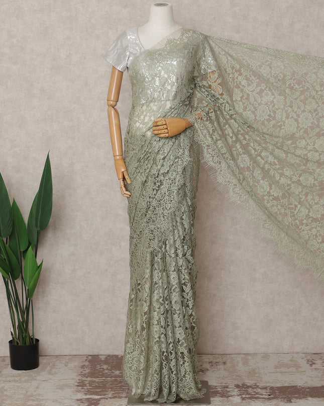 Sage Green Premium French 2-Tone Chantilly Lace Saree, 5.5 Mtrs with 110 Cms Width, Imported from France-D25434 Regal Fabrics