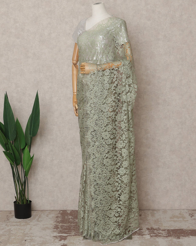 Sage Green Premium French 2-Tone Chantilly Lace Saree, 5.5 Mtrs with 110 Cms Width, Imported from France-D25434 Regal Fabrics