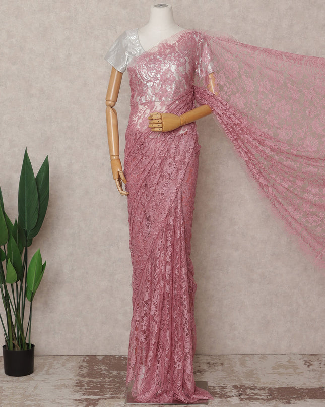 Dusty Pink Premium French 2-Tone Chantilly Lace Saree, 5.5 Mtrs with 110 Cms Width, Imported from France-D25428 Regal Fabrics