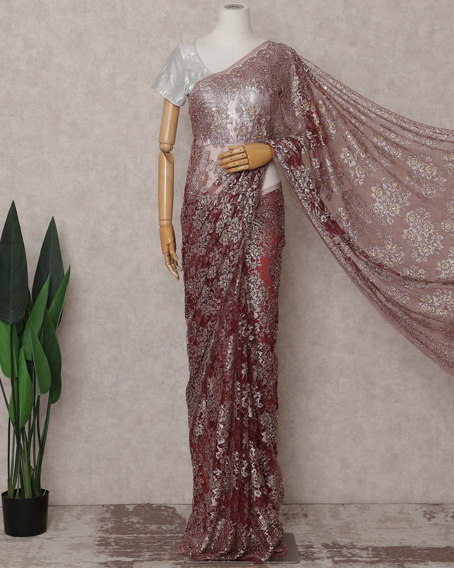 Wine Rose French Chantilly Lace Saree Piece