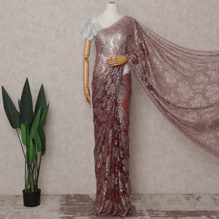 Wine Rose French Chantilly Lace Saree Piece
