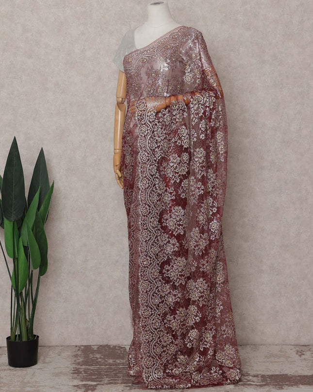 Wine Rose French Chantilly Lace Saree Piece