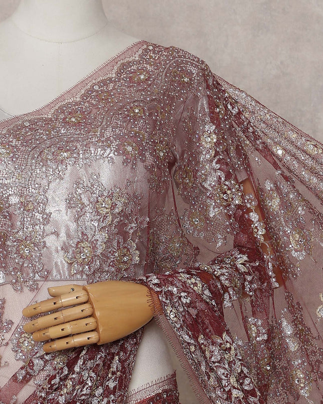 Wine Rose French Chantilly Lace Saree Piece