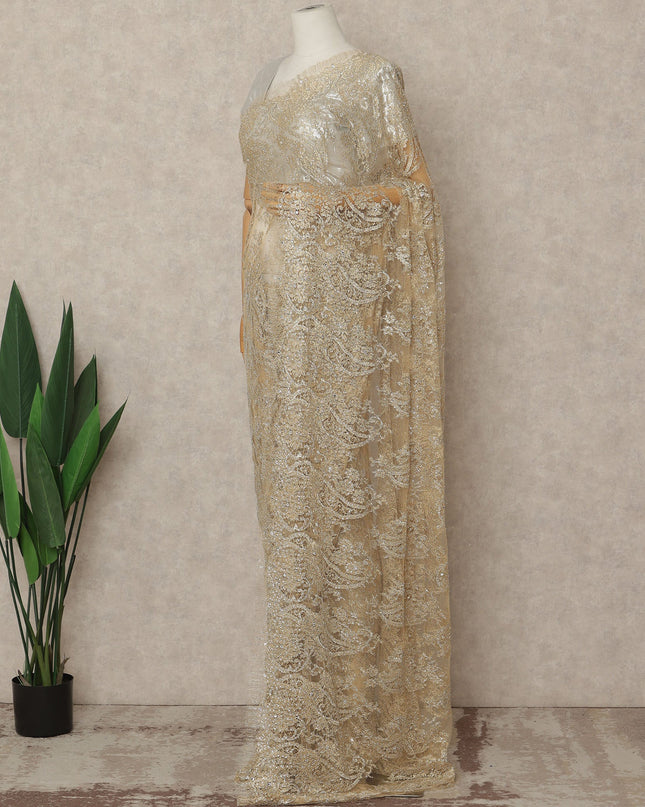 Champagne Gold Premium French Metallic Chantilly Saree Lace With Stonework 5.5 Mtrs 110 Cms Width France-D27781