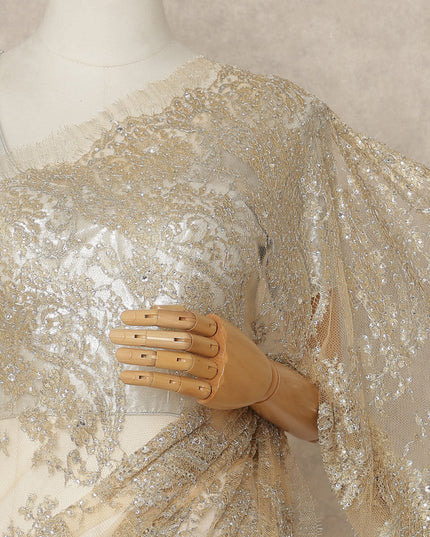 Champagne Gold Premium French Metallic Chantilly Saree Lace With Stonework 5.5 Mtrs 110 Cms Width France-D27781