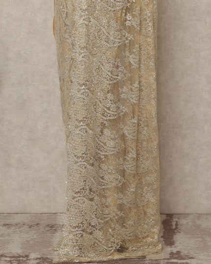 Champagne Gold Premium French Metallic Chantilly Saree Lace With Stonework 5.5 Mtrs 110 Cms Width France-D27781