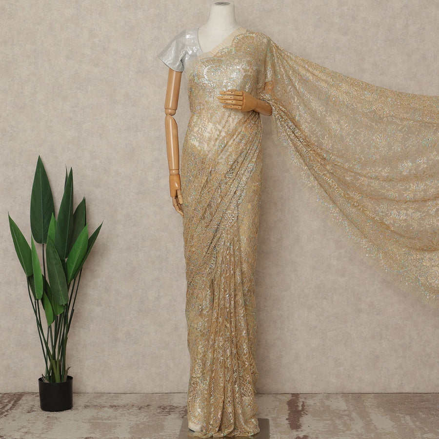 Antique Gold Premium French Metallic Chantilly Saree Lace With Stonework 5.5 Mtrs 110 Cms Width France-D27772