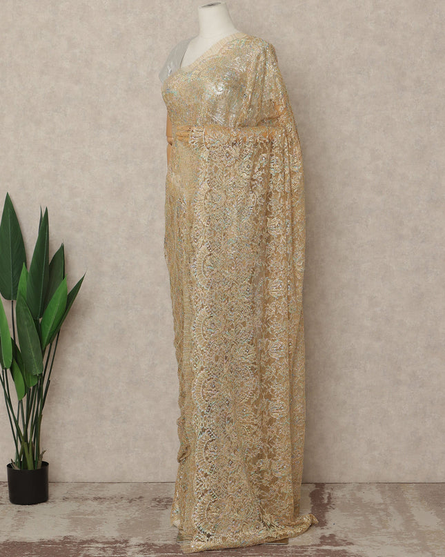Antique Gold Premium French Metallic Chantilly Saree Lace With Stonework 5.5 Mtrs 110 Cms Width France-D27772