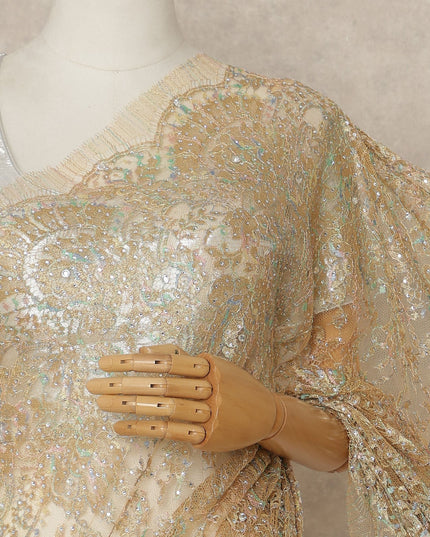 Antique Gold Premium French Metallic Chantilly Saree Lace With Stonework 5.5 Mtrs 110 Cms Width France-D27772