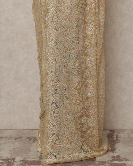 Antique Gold Premium French Metallic Chantilly Saree Lace With Stonework 5.5 Mtrs 110 Cms Width France-D27772