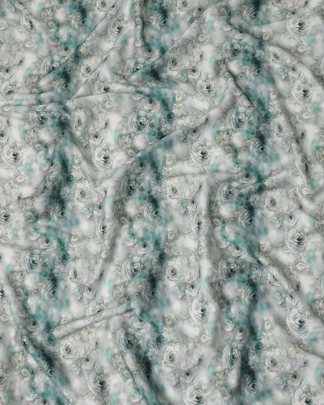 Seafoam Green Rose Floral Printed Cotton Satin Fabric Soft Smooth Lustrous Apparel Textile 110 Cms Wide India Origin-D27520