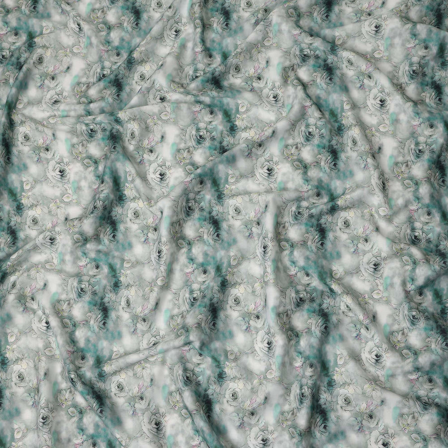 Seafoam Green Rose Floral Printed Cotton Satin Fabric Soft Smooth Lustrous Apparel Textile 110 Cms Wide India Origin-D27520 - Regal Fabrics