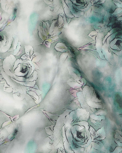 Seafoam Green Rose Floral Printed Cotton Satin Fabric Soft Smooth Lustrous Apparel Textile 110 Cms Wide India Origin-D27520 - Regal Fabrics
