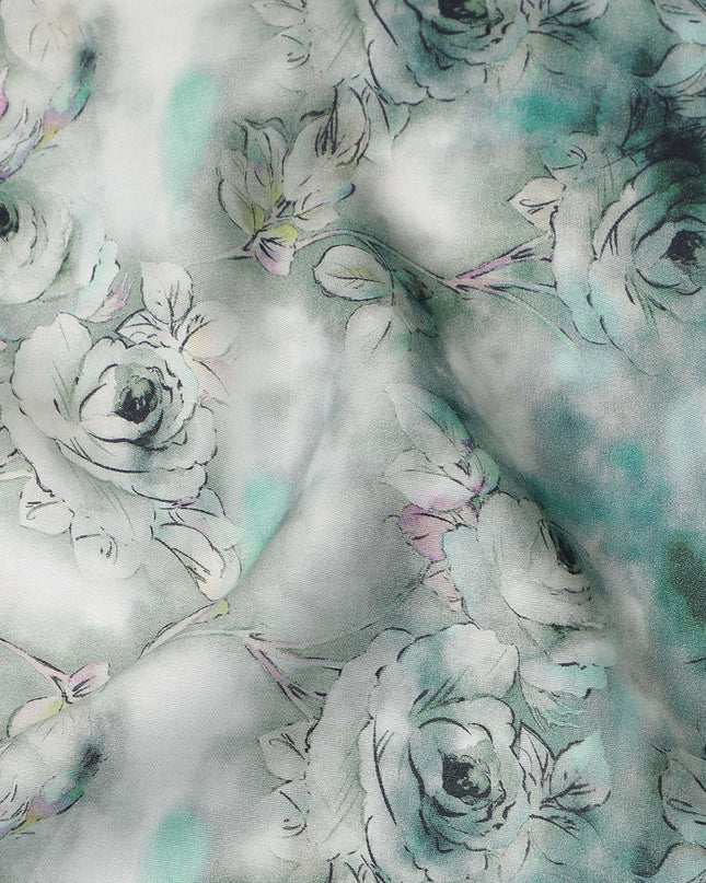 Seafoam Green Rose Floral Printed Cotton Satin Fabric Soft Smooth Lustrous Apparel Textile 110 Cms Wide India Origin-D27520