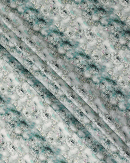 Seafoam Green Rose Floral Printed Cotton Satin Fabric Soft Smooth Lustrous Apparel Textile 110 Cms Wide India Origin-D27520 - Regal Fabrics