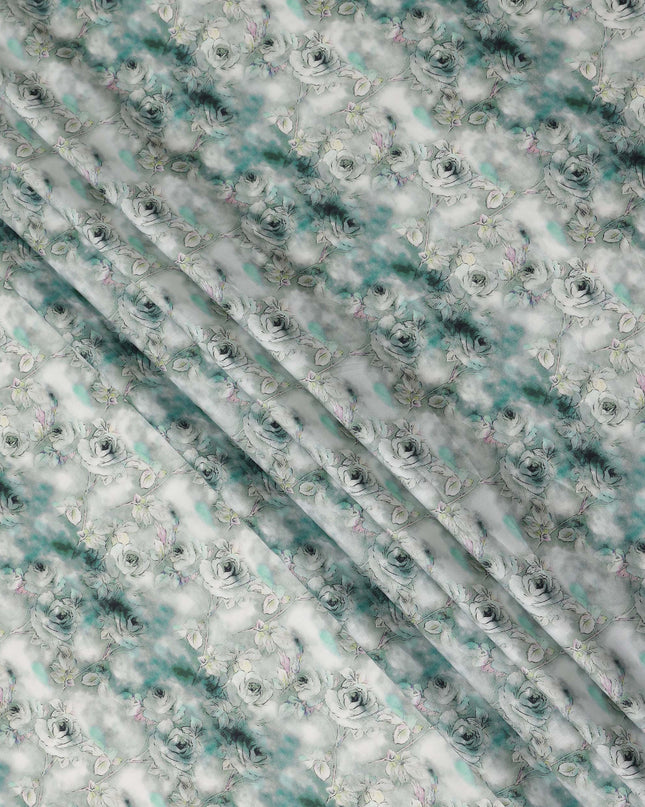 Seafoam Green Rose Floral Printed Cotton Satin Fabric Soft Smooth Lustrous Apparel Textile 110 Cms Wide India Origin-D27520