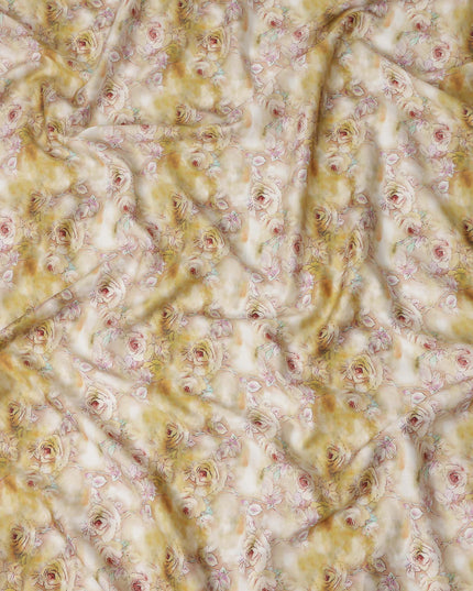 Golden Cream Rose Floral Printed Cotton Satin Fabric Soft Smooth Lustrous Apparel Textile 110 Cms Wide India Origin-D27521 - Regal Fabrics