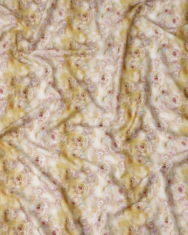 Golden Cream Rose Floral Printed Cotton Satin Fabric Soft Smooth Lustrous Apparel Textile 110 Cms Wide India Origin-D27521