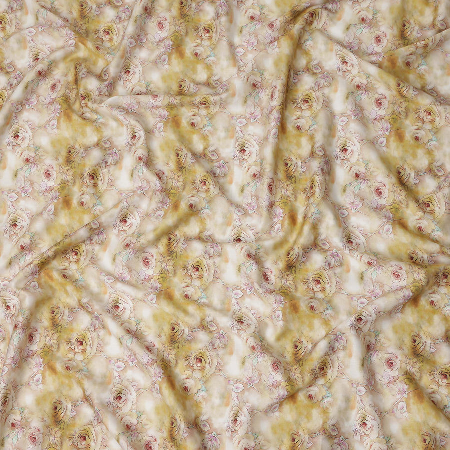 Golden Cream Rose Floral Printed Cotton Satin Fabric Soft Smooth Lustrous Apparel Textile 110 Cms Wide India Origin-D27521 - Regal Fabrics