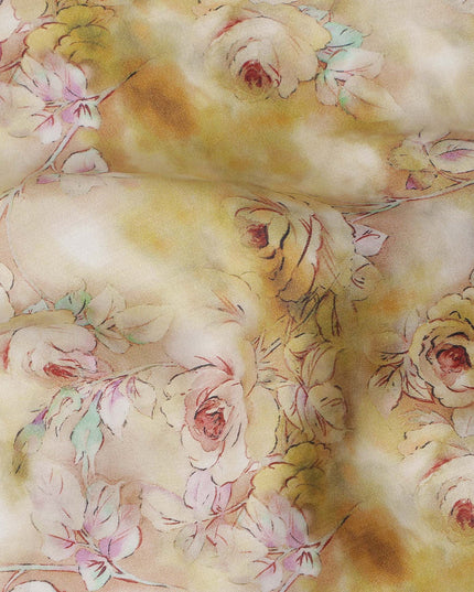 Golden Cream Rose Floral Printed Cotton Satin Fabric Soft Smooth Lustrous Apparel Textile 110 Cms Wide India Origin-D27521 - Regal Fabrics