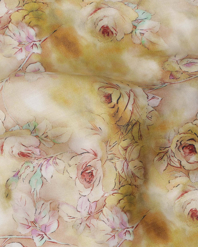 Golden Cream Rose Floral Printed Cotton Satin Fabric Soft Smooth Lustrous Apparel Textile 110 Cms Wide India Origin-D27521