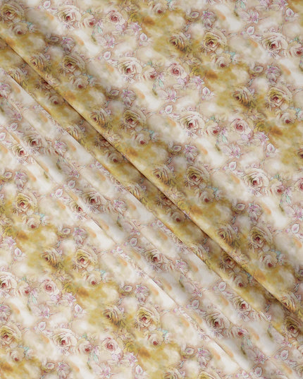 Golden Cream Rose Floral Printed Cotton Satin Fabric Soft Smooth Lustrous Apparel Textile 110 Cms Wide India Origin-D27521 - Regal Fabrics