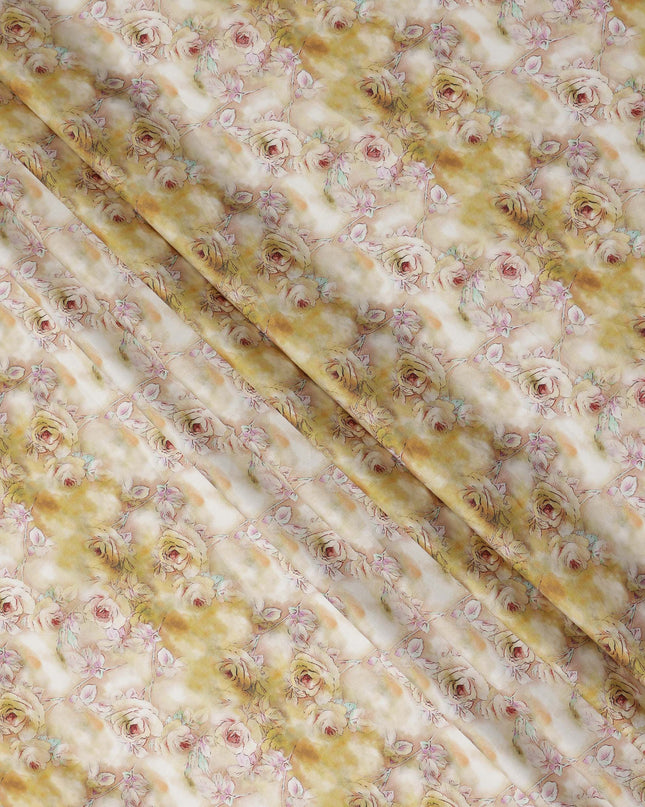 Golden Cream Rose Floral Printed Cotton Satin Fabric Soft Smooth Lustrous Apparel Textile 110 Cms Wide India Origin-D27521