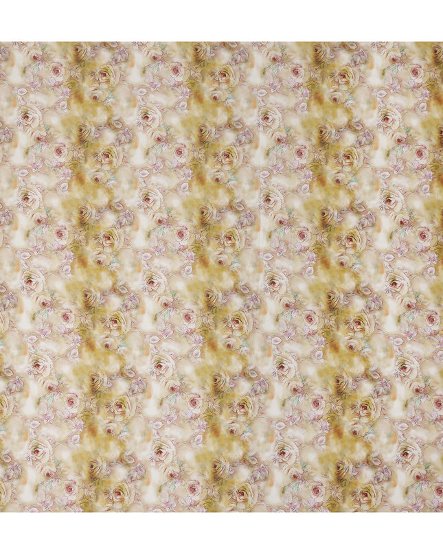 Golden Cream Rose Floral Printed Cotton Satin Fabric Soft Smooth Lustrous Apparel Textile 110 Cms Wide India Origin-D27521